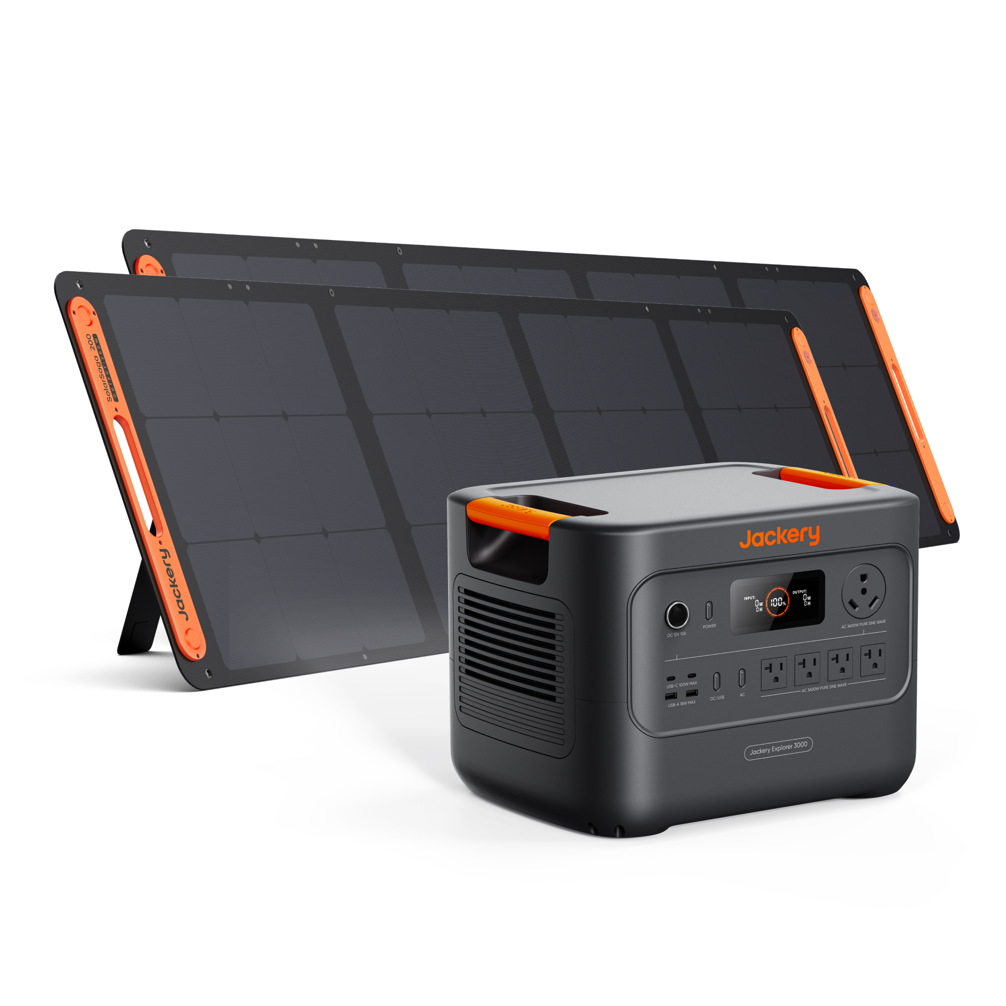 Jackery Push Button Start Solar Generator — 3600W Rated/7200W Peak, 2 Pcs 200W Solar Panels, 3kWh Capacity, Model# 60-300020-US00021